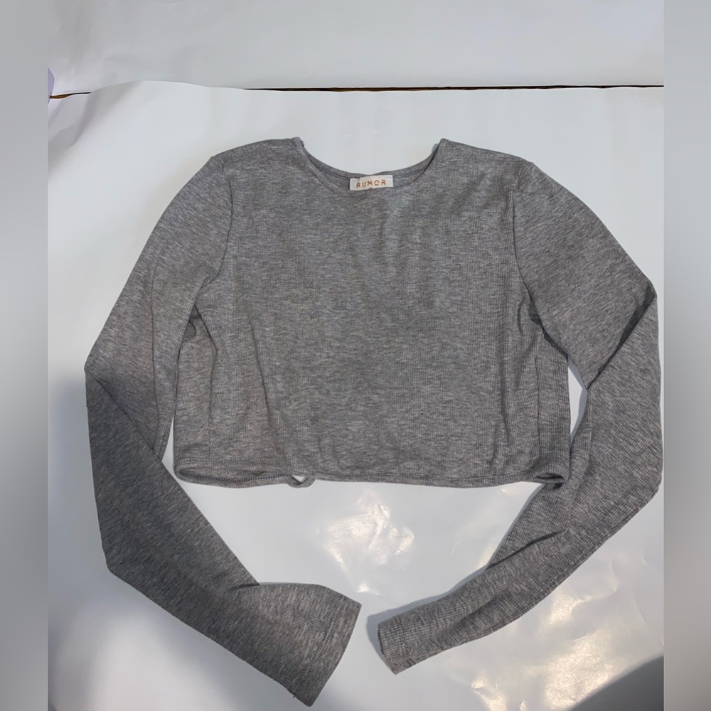 RUMOR size small grey long sleeve open cross tie back women’s shirt cropped